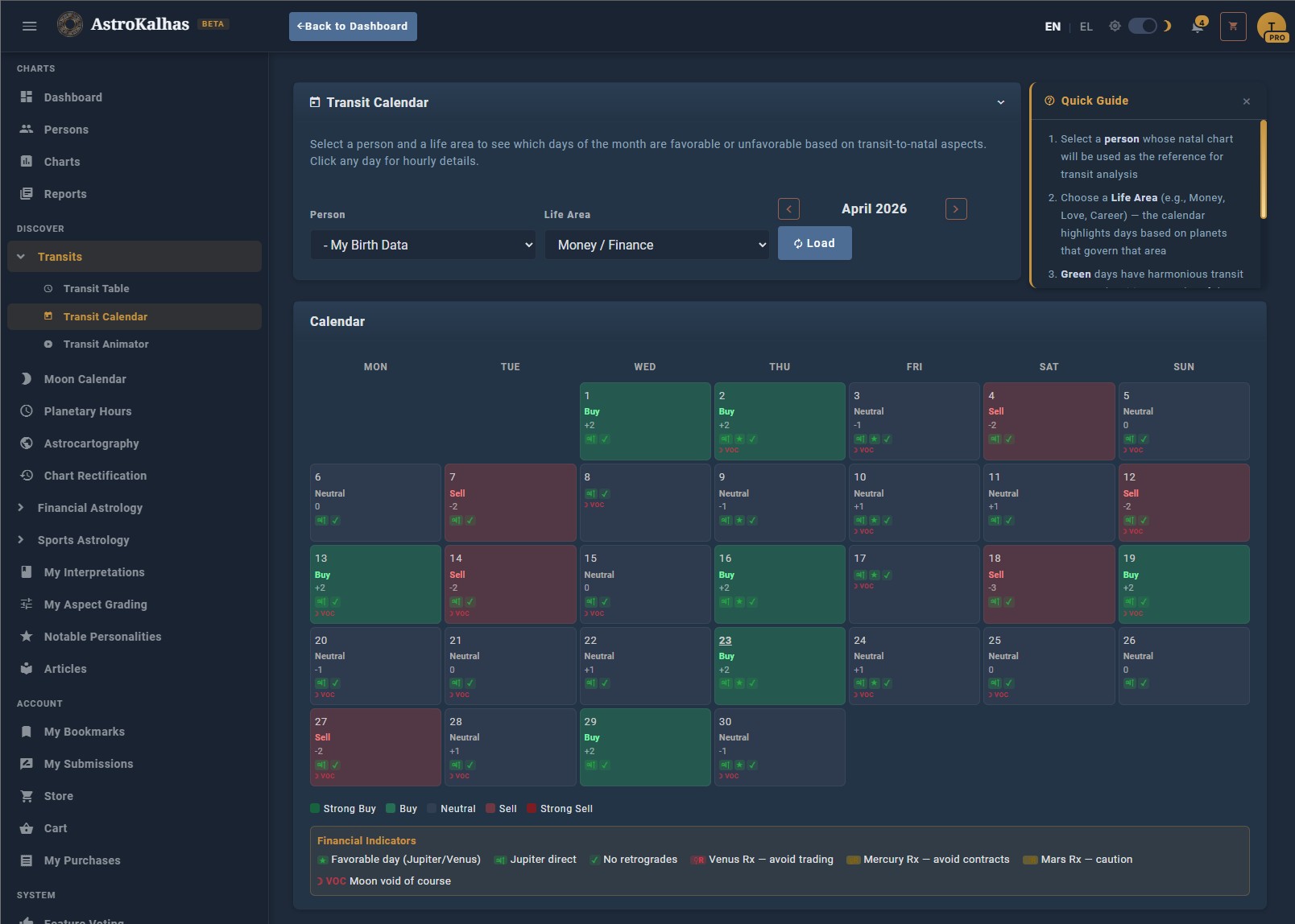Transit Calendar — Monthly grid view